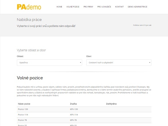 webová aplikace, Pademo web pro personální agentury, přehled inzerátů