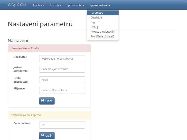 webová aplikace, Pademo web pro personální agentury, parametry