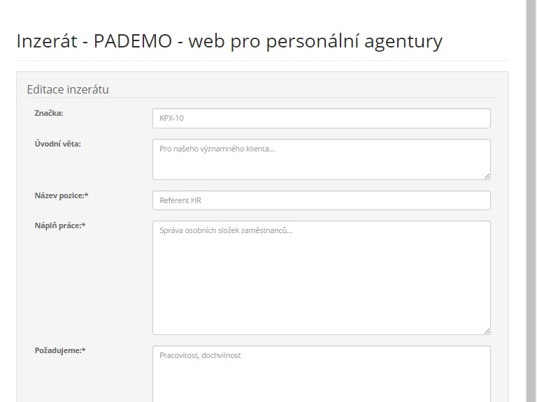 webová aplikace, Pademo web pro personální agentury, vložení inzerátu